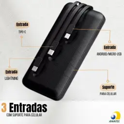 Carregador Portátil Power Bank Universal 10000mAh 3 Cabos Integrados Design — imagem 4