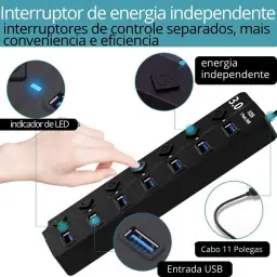 Hub USB 3.0 Com 7 Portas, Botões Individuais, LED — imagem 2
