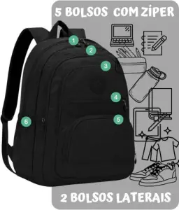 Mochila Feminina Masculina Tactel Notebook Escolar Resistente Grande Costas — imagem 2