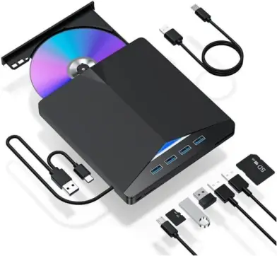 Gravador Externo DVD USB 3.0, Leitor CD/DVD Portátil com Hub USB 7 em 1