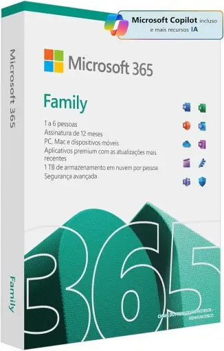 Microsoft 365 Family (12 meses) até 6 usuários. PC/Mac/Iphone/tablet. 1TB na