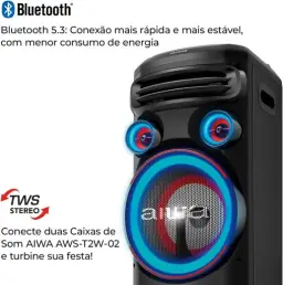 Torre de Som AIWA T2W-02 2300W 2Woofers10" Bluetooth RGB USB FM DJ — imagem 9