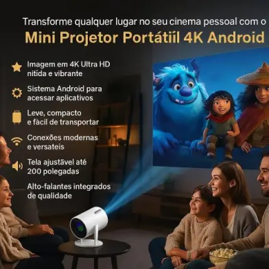 Mini Projetor Portátil 5G Wi-Fi 6 Bluetooth 5.0 Android 11 4K 1080P Full HD
