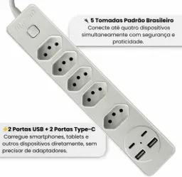 Filtro de Linha 5 Entradas 2 Portas USB 2 Portas Tipo C Régua de Energia 5 — imagem 5
