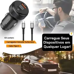 Carregador Veicular Turbo 60W Para Automóvel Carregador de Carro Duas Entradas — imagem 7